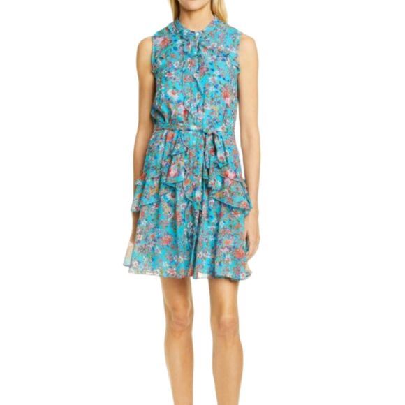 Saloni Silk Tilly Ruffle Turquoise Floral Print Mini Dress Size 4 / Small - Picture 1 of 7